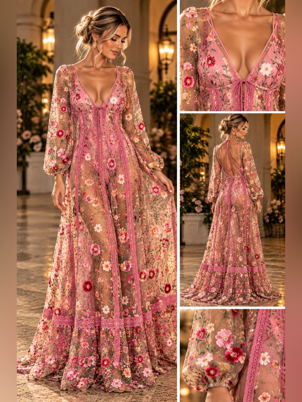 For Love & Lemons Pink Floral Sheer Embroidered Maxi Dress